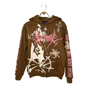 Demon Mentalityz Full Zip Brown Vallain Hoodie. Sz: M